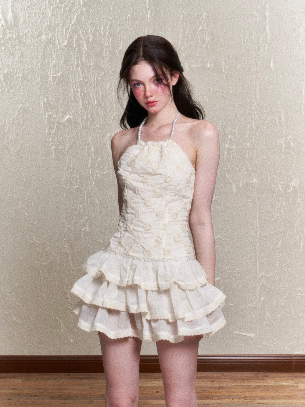 Puff-Sleeve Ciffon Tiered Halter-Neck Sweet One-Piece & Bracelet