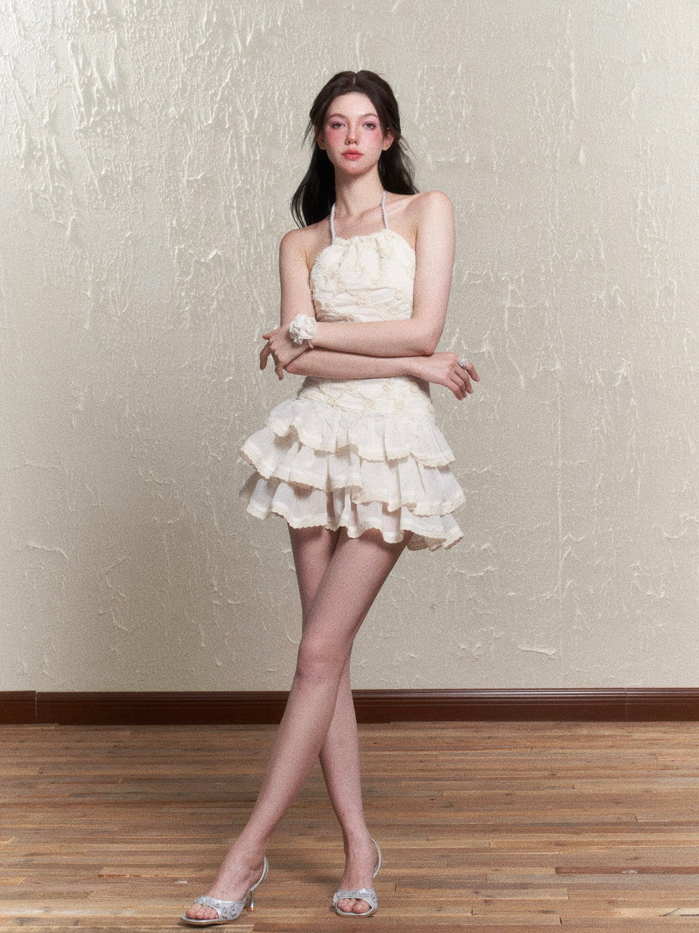 Puff-Sleeve Ciffon Tiered Halter-Neck Sweet One-Piece & Bracelet