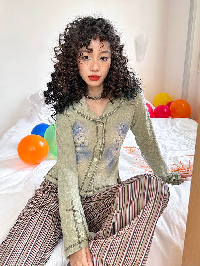 Retro Knit Thin Slim Button Tops