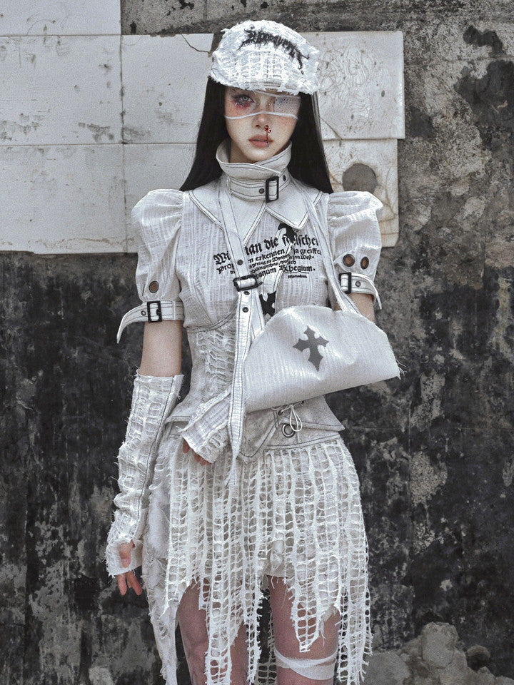 고딕 빈티지 비대칭 니치 손상 메쉬 헴 스커트