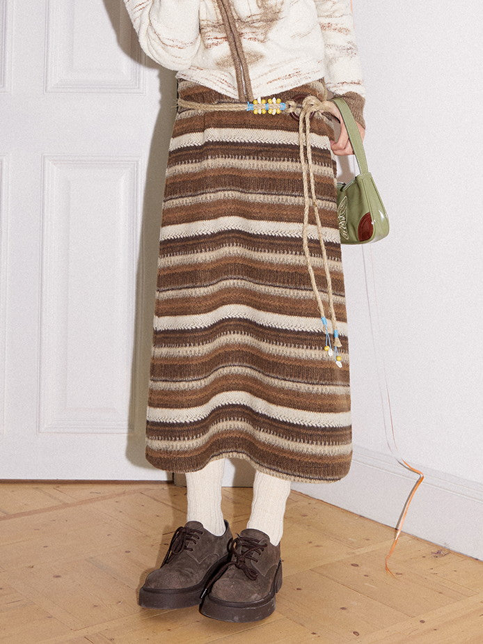 테두리 니트 스트레치 이완 레트로 캐주얼 긴 스커트