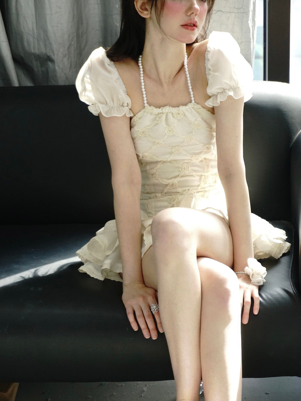 Puff-Sleeve Ciffon Tiered Halter-Neck Sweet One-Piece & Bracelet