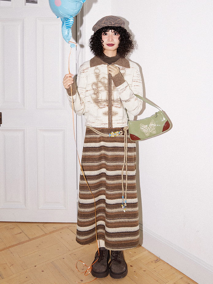 테두리 니트 스트레치 이완 레트로 캐주얼 긴 스커트