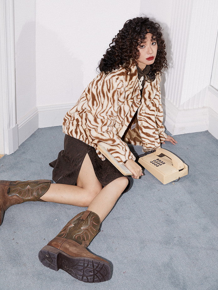 동물 호랑이 니트 자수 모피 자켓