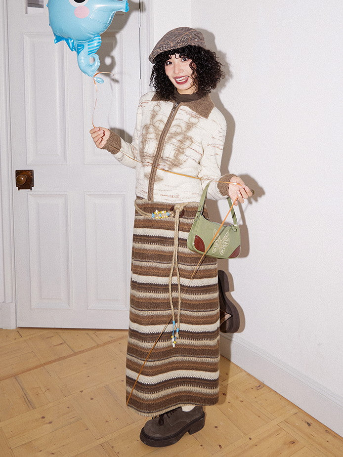 테두리 니트 스트레치 이완 레트로 캐주얼 긴 스커트