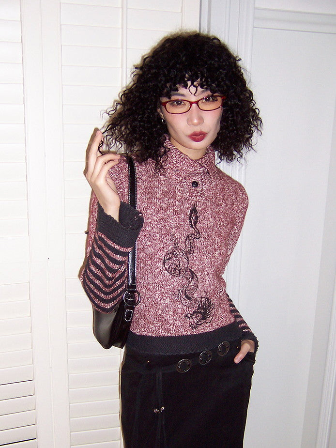 Embroidery High-Neck Border Retro Casual Knit
