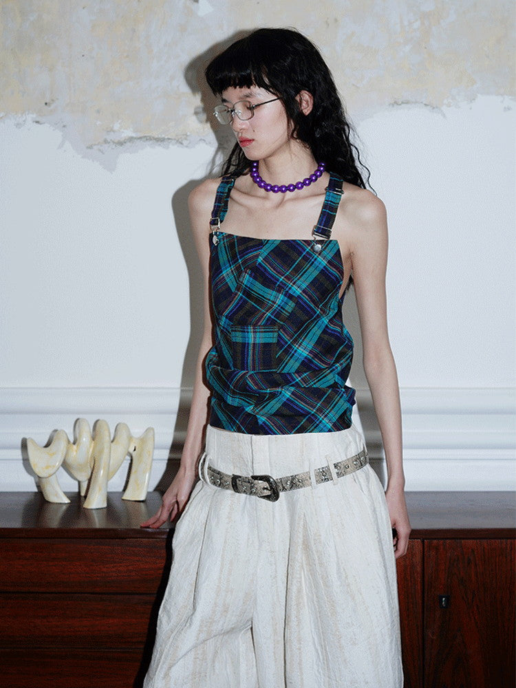 Back-Open Suspenders Checked Retro Patchwork Tops