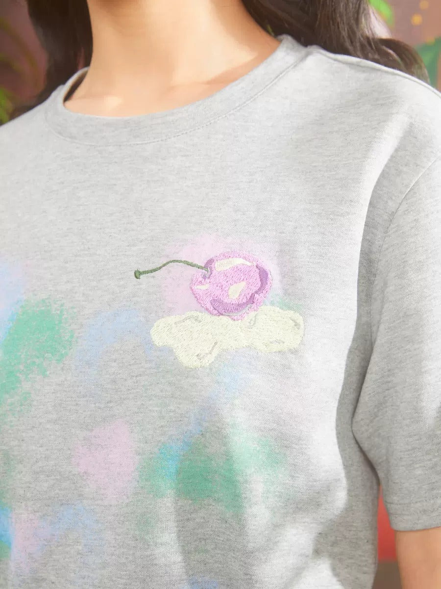 Retro Cherry Embroidery Gradient Loose T-shirt & Skirt