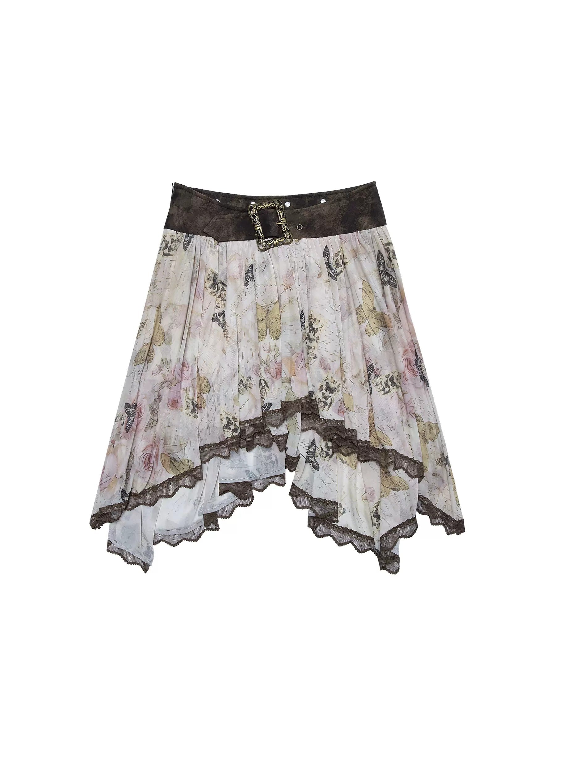 Retro Butterfly Print Splicing Irregular Skirt