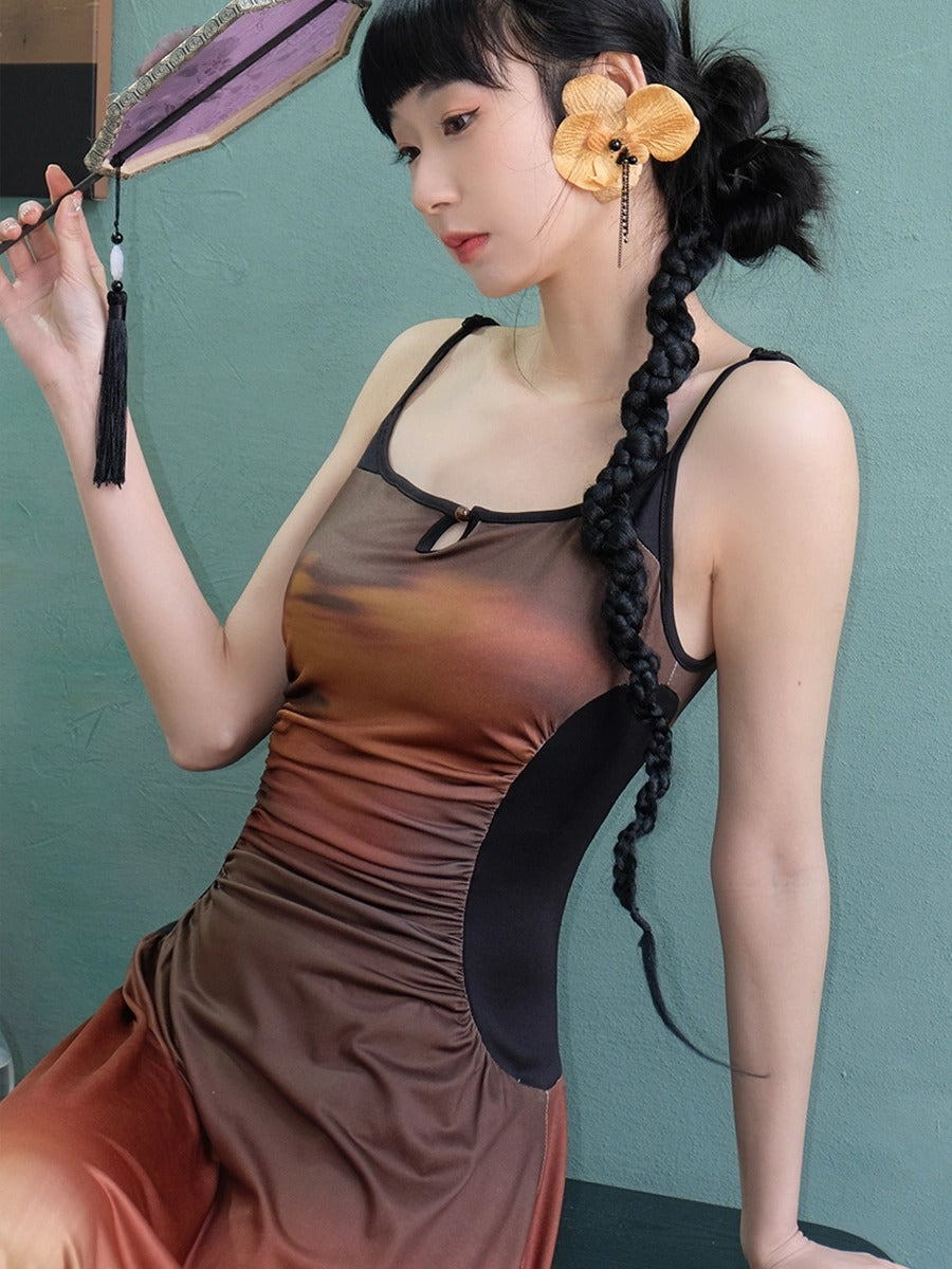 Gradation Printed Elastic Slim Fit Suspender Dress