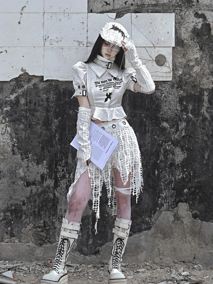 고딕 빈티지 비대칭 니치 손상 메쉬 헴 스커트