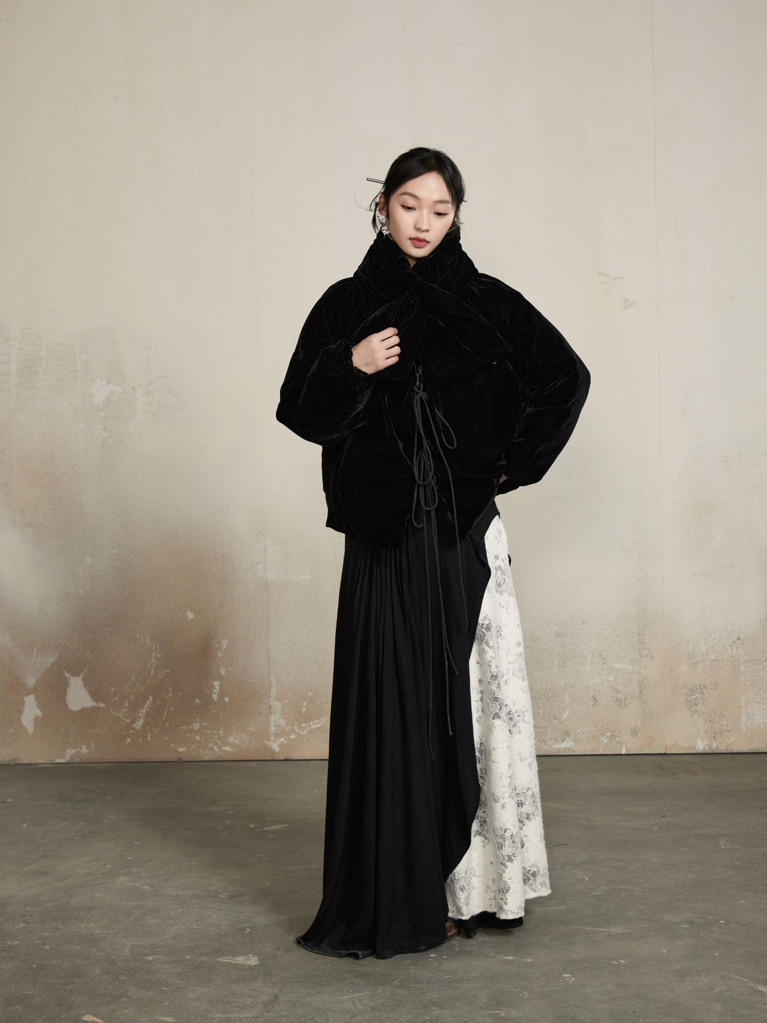 Velvet Classy Flower No-Collar Tie-Dye Retro Jacket&Muffler