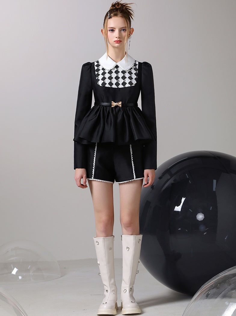 Checked Lace Peplum Classy Tops&Short-Pants