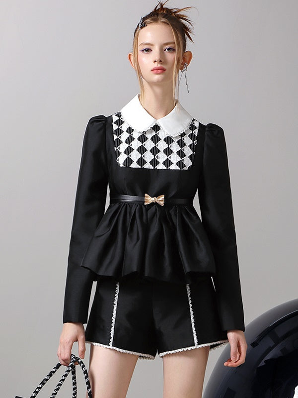 Checked Lace Peplum Classy Tops&Short-Pants