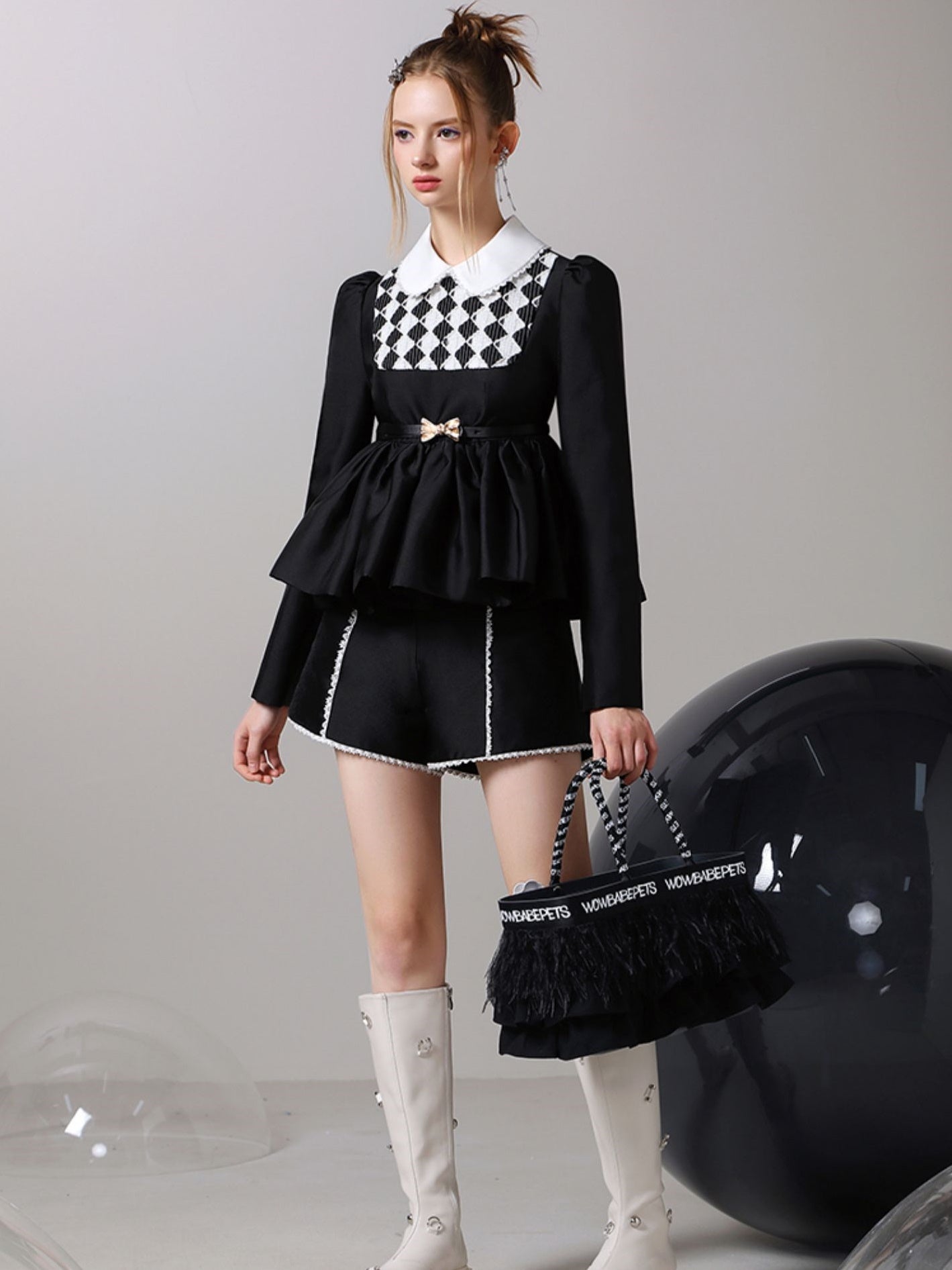 Checked Lace Peplum Classy Tops&Short-Pants