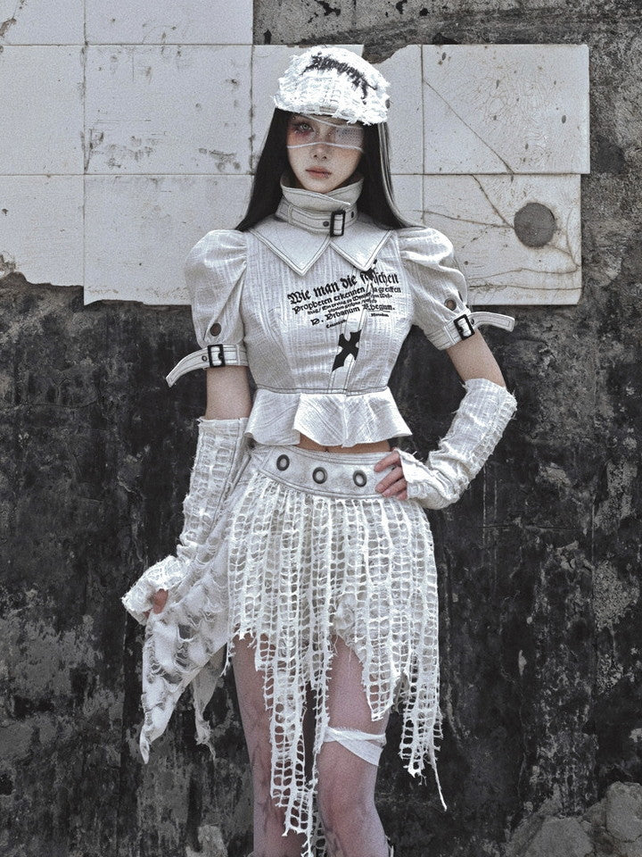 고딕 빈티지 비대칭 니치 손상 메쉬 헴 스커트