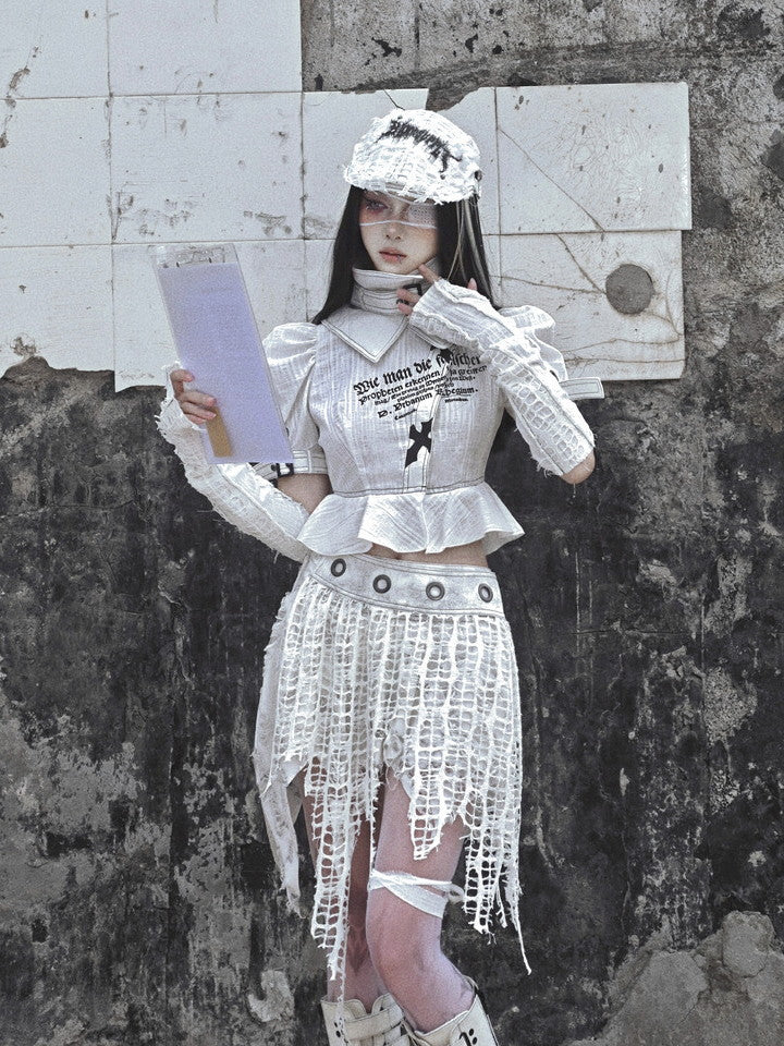 고딕 빈티지 비대칭 니치 손상 메쉬 헴 스커트