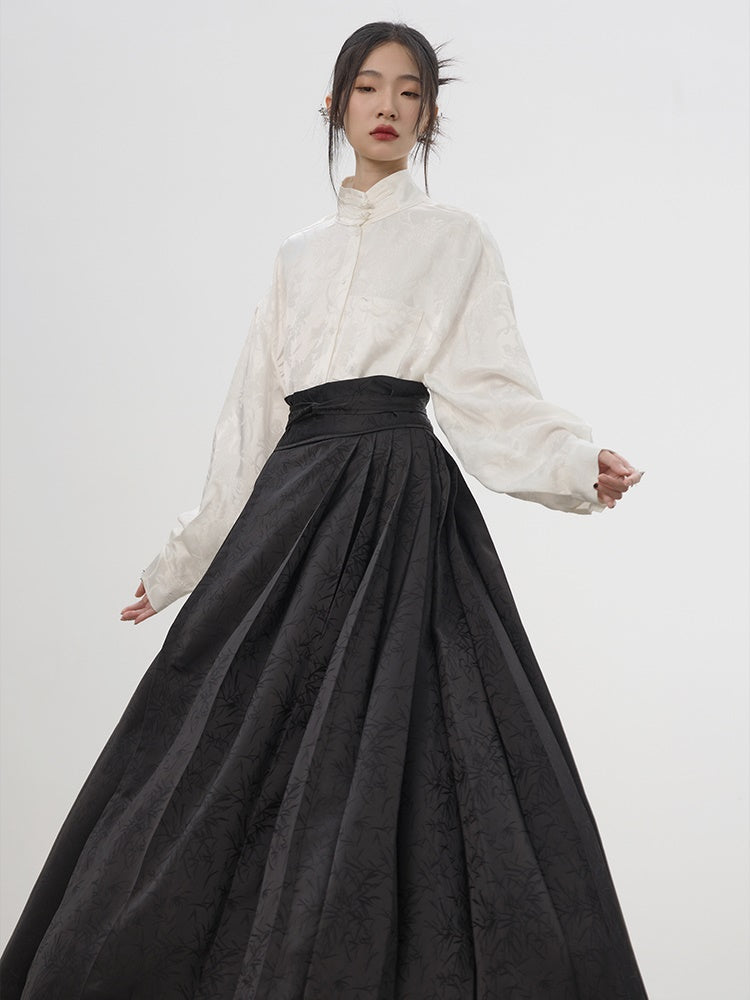 China Embroidery Pleats Chic Flare Blouse&Long-Skirt