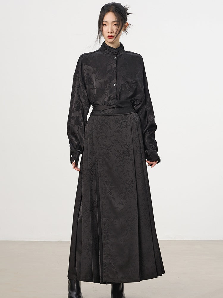 China Embroidery Pleats Chic Flare Blouse&Long-Skirt