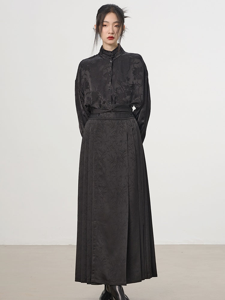 China Embroidery Pleats Chic Flare Blouse&Long-Skirt