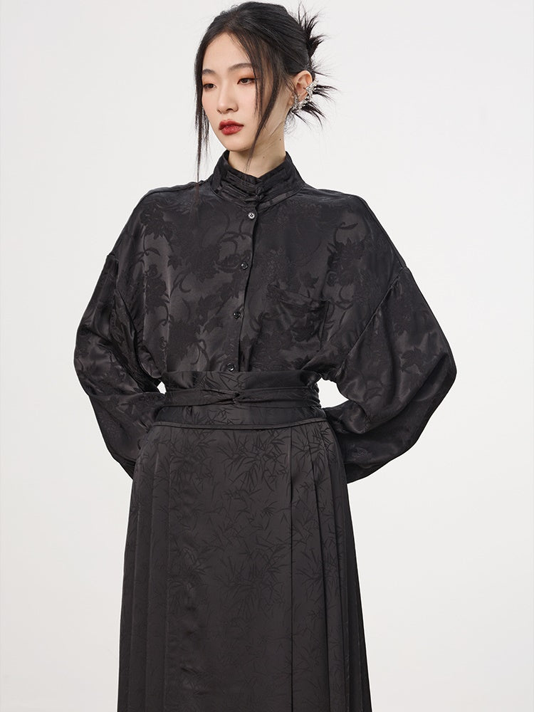 China Embroidery Pleats Chic Flare Blouse&Long-Skirt