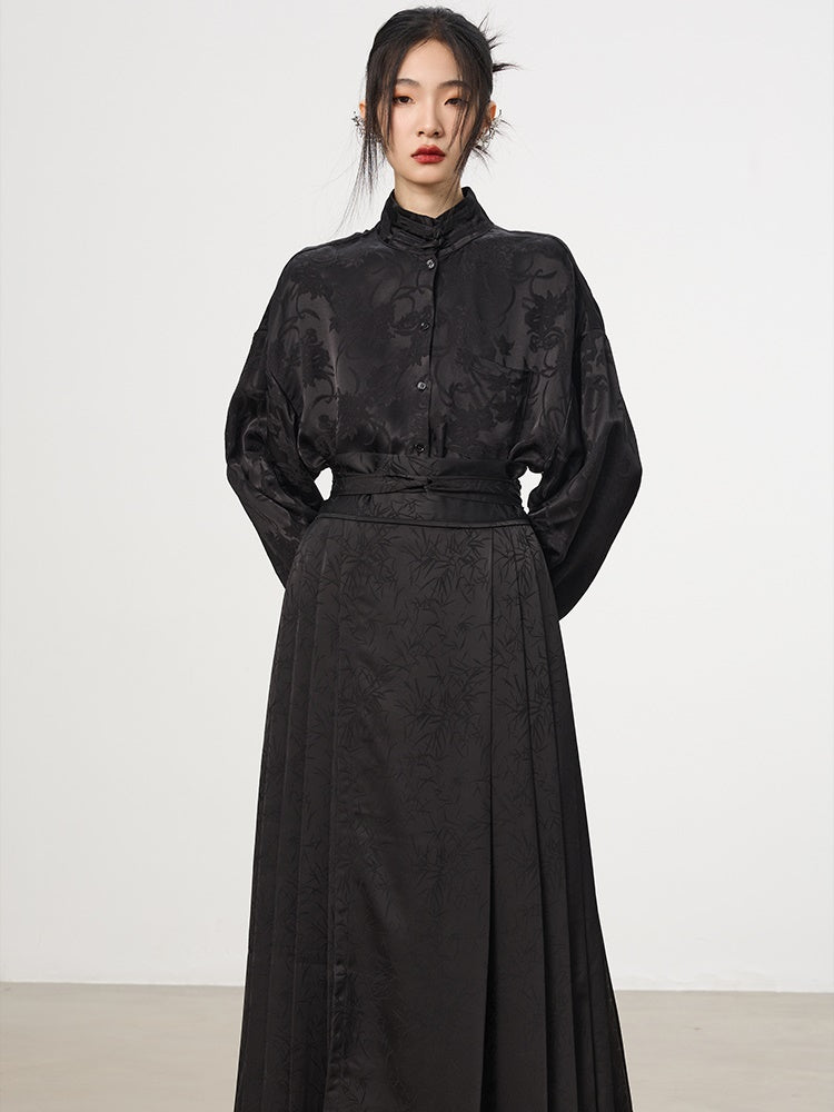 China Embroidery Pleats Chic Flare Blouse&Long-Skirt