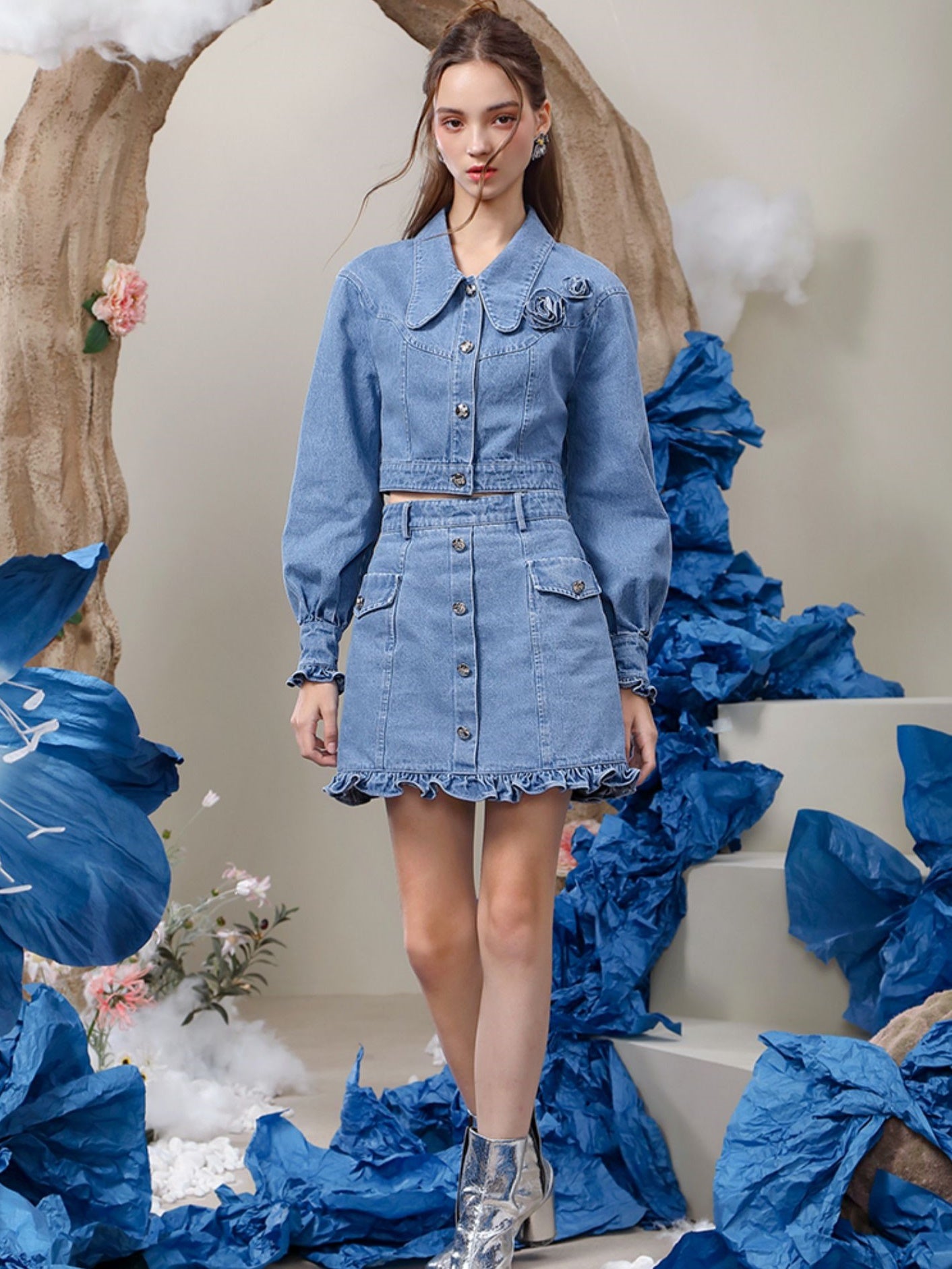 Bluse & Minirock-Denim Casual Fower Setup