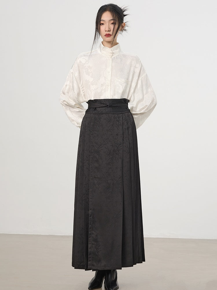 China Embroidery Pleats Chic Flare Blouse&Long-Skirt