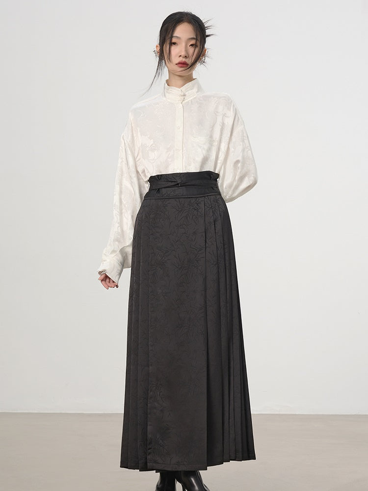 China Embroidery Pleats Chic Flare Blouse&Long-Skirt