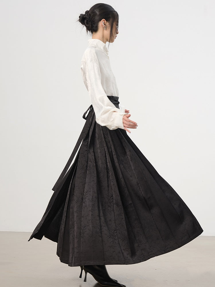 China Embroidery Pleats Chic Flare Blouse&Long-Skirt