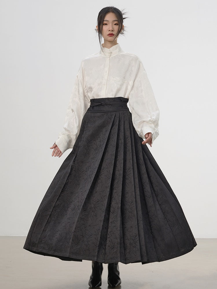 China Embroidery Pleats Chic Flare Blouse&Long-Skirt