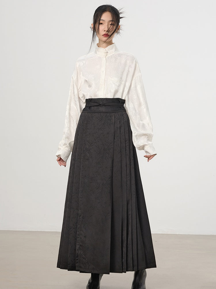 China Embroidery Pleats Chic Flare Blouse&Long-Skirt