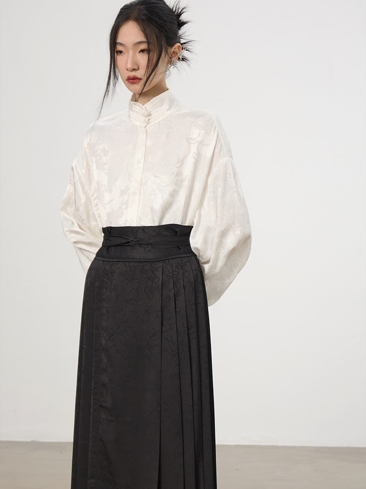China Embroidery Pleats Chic Flare Blouse&Long-Skirt