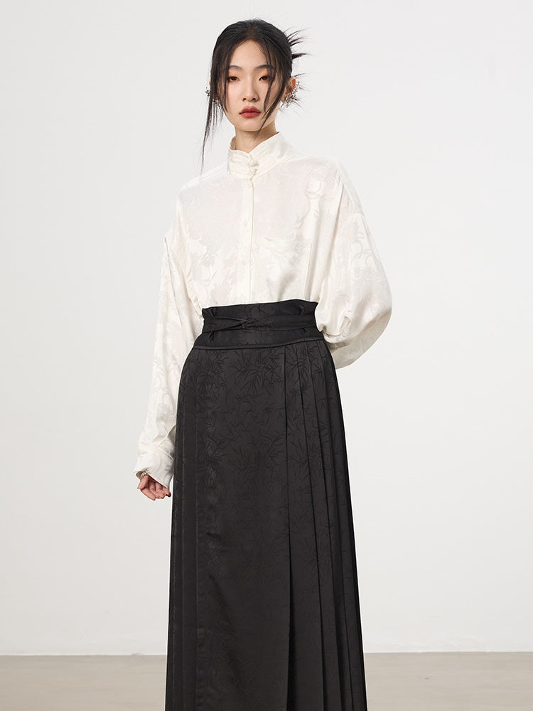China Embroidery Pleats Chic Flare Blouse&Long-Skirt