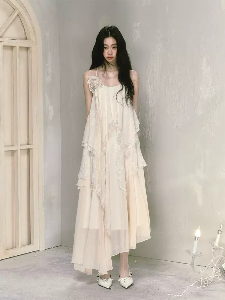 Lace Three-Dimensional Flower Irregular Sling Dress & Broach & Cardigan