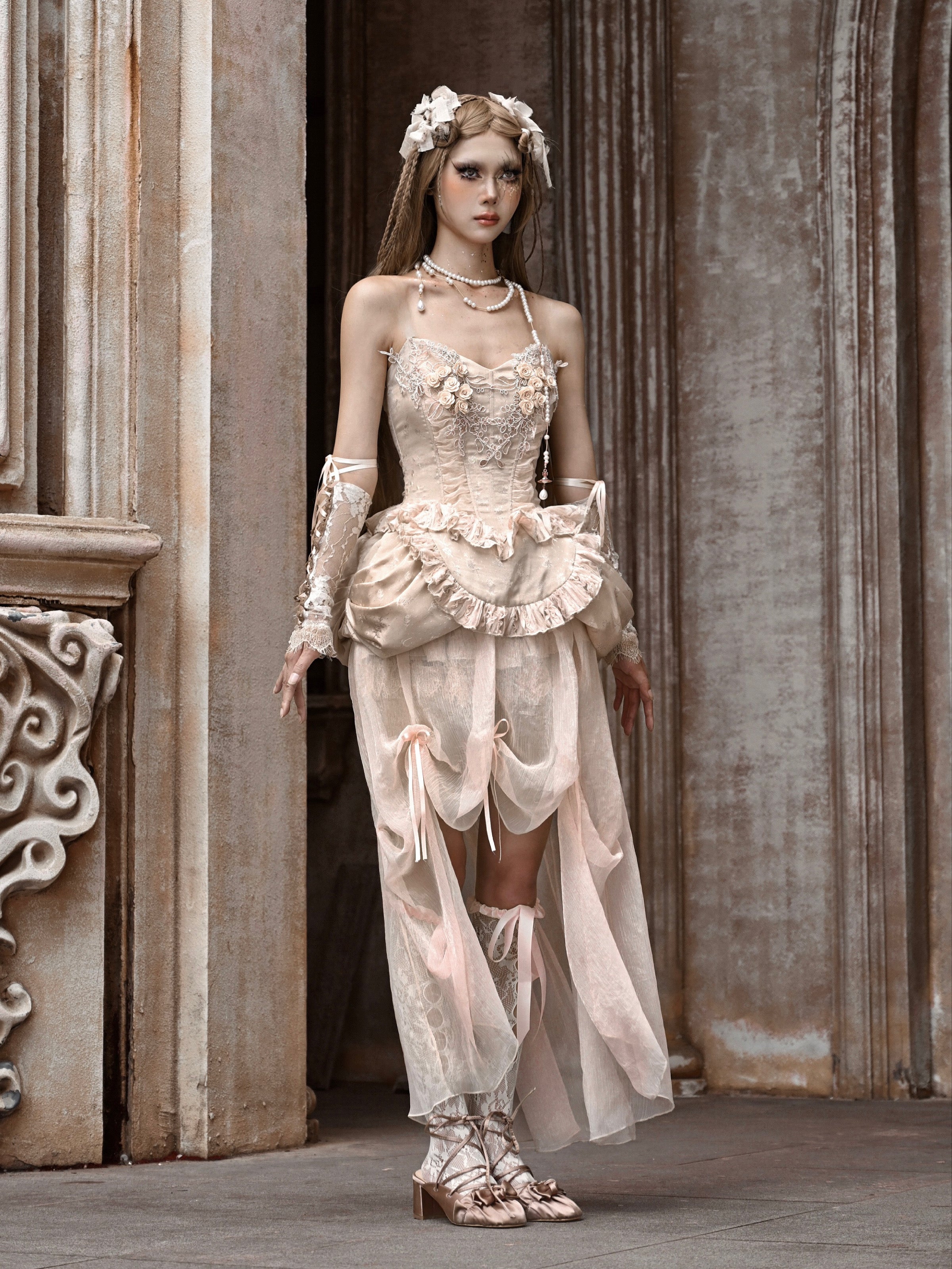 고딕 양식 로리타 코스프레 꽃 레이스 자수 bustier & 원피스