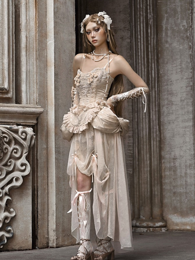 고딕 양식 로리타 코스프레 꽃 레이스 자수 bustier & 원피스