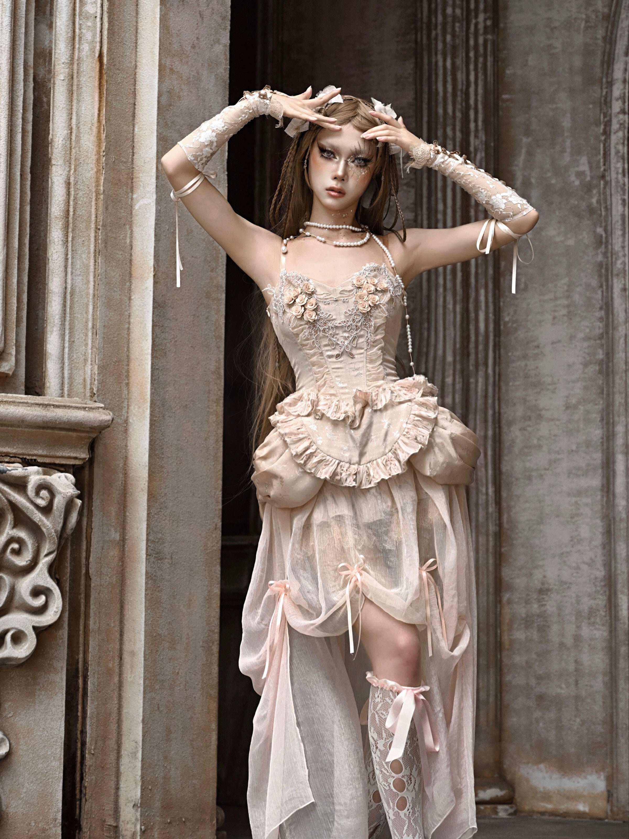 고딕 양식 로리타 코스프레 꽃 레이스 자수 bustier & 원피스