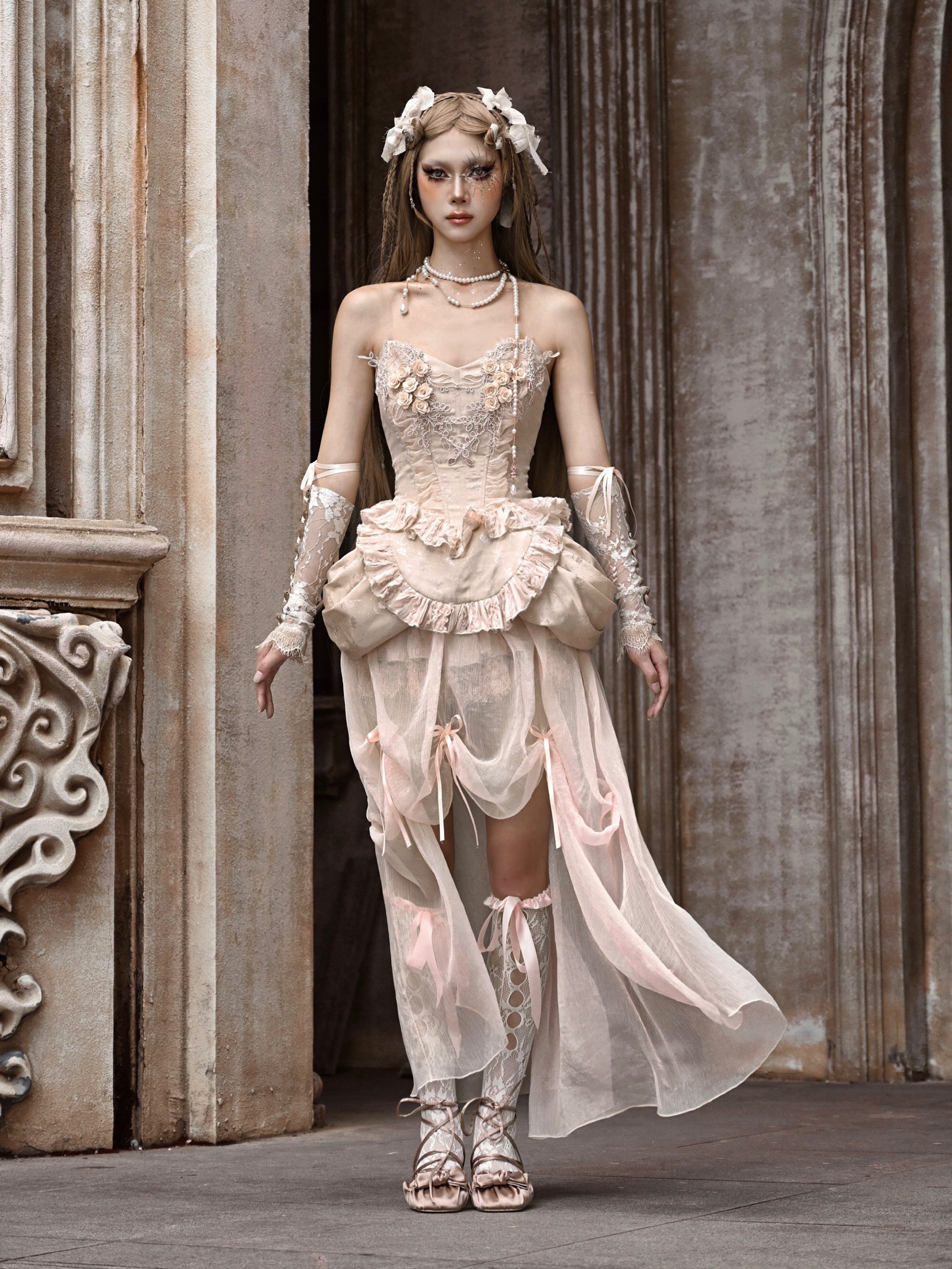 고딕 양식 로리타 코스프레 꽃 레이스 자수 bustier & 원피스