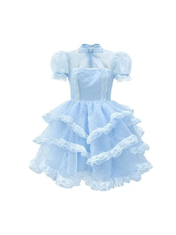 Polka Dot Rhinestone Bow Short-sleeved Lace Princess Dress