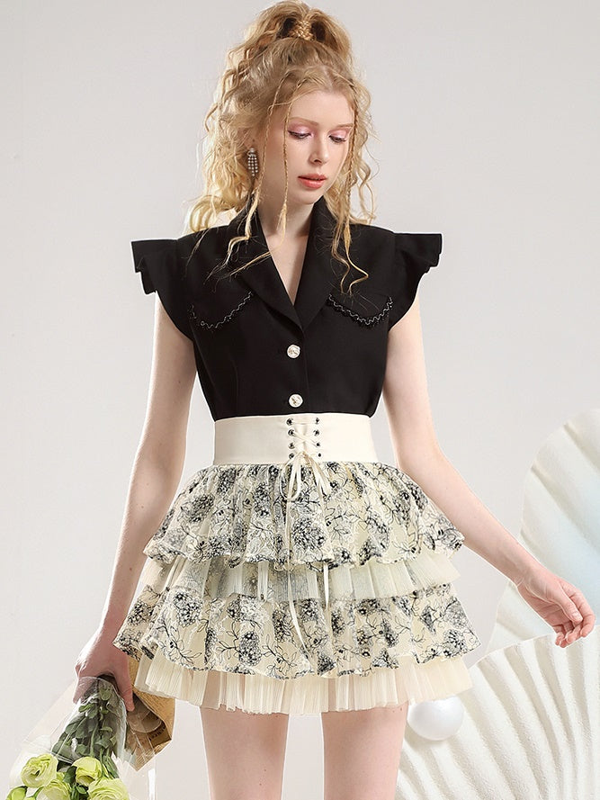 Set-Up Frill Lace-Up Tiered Ciffon Lace Chic Tops&Mini-Skirt