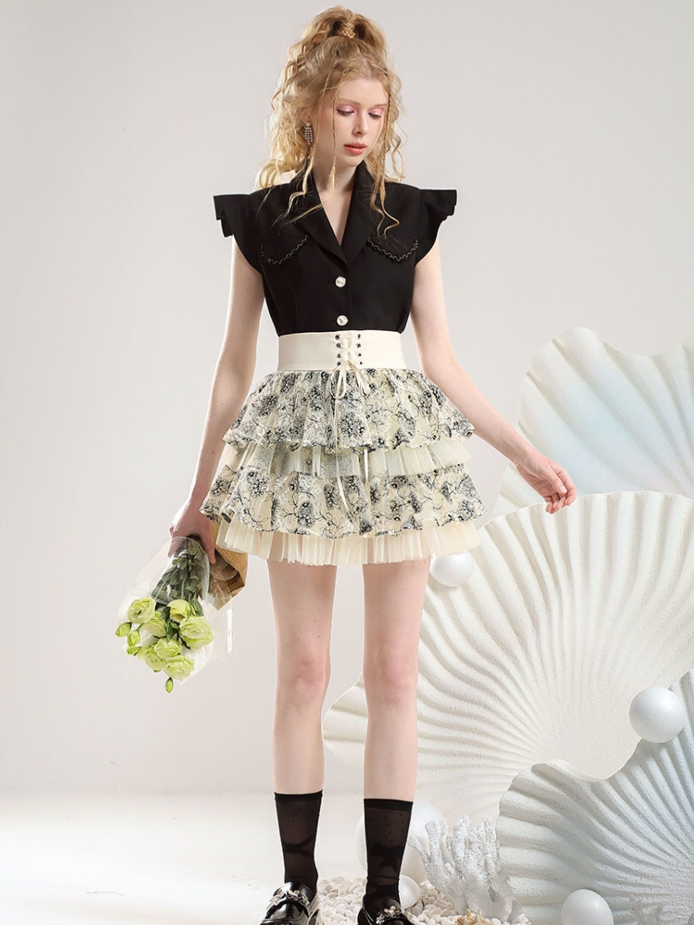 Set-Up Frill Lace-Up Tiered Ciffon Lace Chic Tops&Mini-Skirt