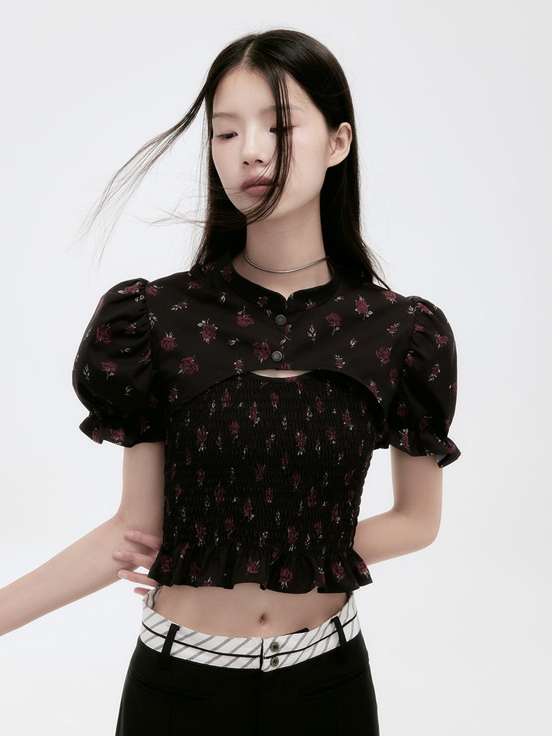 Flower Puff-Sleeve China Frill Cropped Blouse