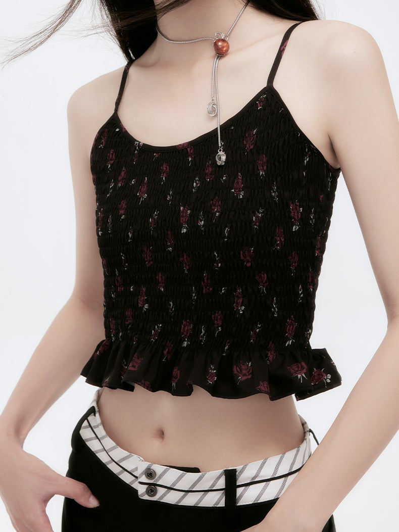 Flower Puff-Sleeve China Frill Cropped Blouse