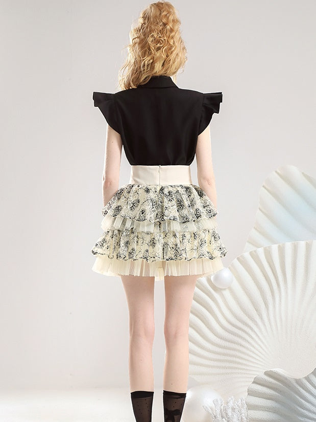 Set-Up Frill Lace-Up Tiered Ciffon Lace Chic Tops&Mini-Skirt