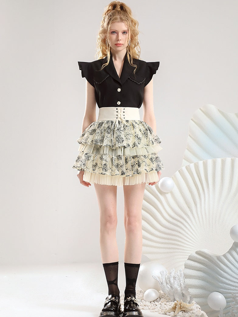 Set-Up Frill Lace-Up Tiered Ciffon Lace Chic Tops&Mini-Skirt