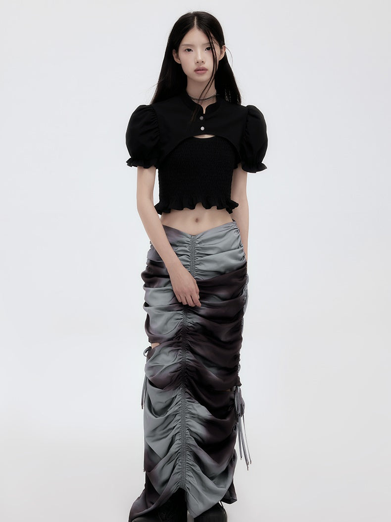 Flower Puff-Sleeve China Frill Cropped Blouse