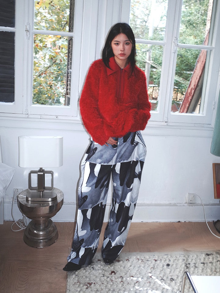 Polo-Neck Fluffily Half-Zip Vivid Loose Mohair-Knit