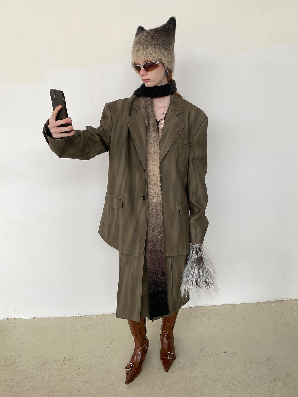 Unisex Letaher Nichi Set-Up Stripe Wave Jacket&Skirt