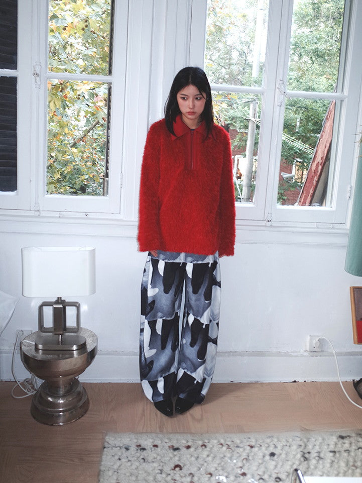 Polo-Neck Fluffily Half-Zip Vivid Loose Mohair-Knit